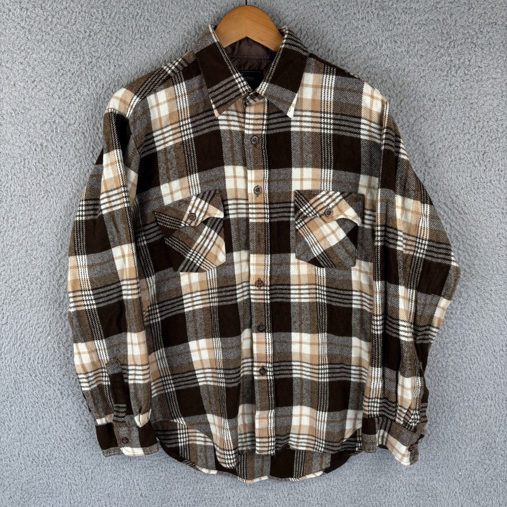 Vintage JCPenney Men's Brown Plaid Flannel Long Sleeve Button-Up Point Collar Lg